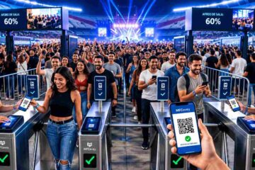 Control de acceso eficiente en concierto en Argentina con el sistema de MFCevey, mostrando asistentes escaneando QRs en pantallas y personal de soporte.