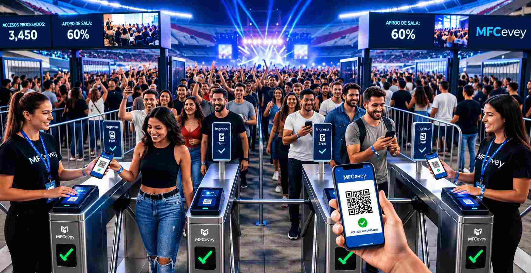 Control de acceso eficiente en concierto en Argentina con el sistema de MFCevey, mostrando asistentes escaneando QRs en pantallas y personal de soporte.